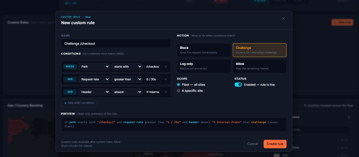 Domain Dome custom WAF rule editor creating a challenge rule for the /checkout path