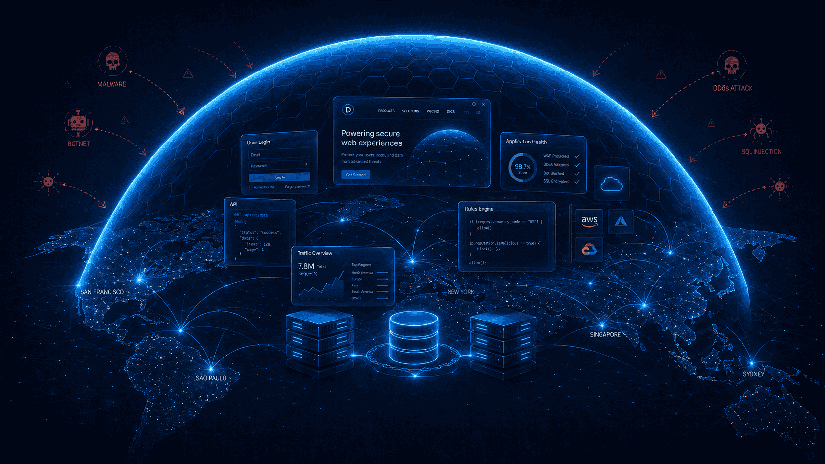 Domain Dome, a web application firewall for AI-built websites on WordPress, PHP and Node.js, shielding a fleet of sites